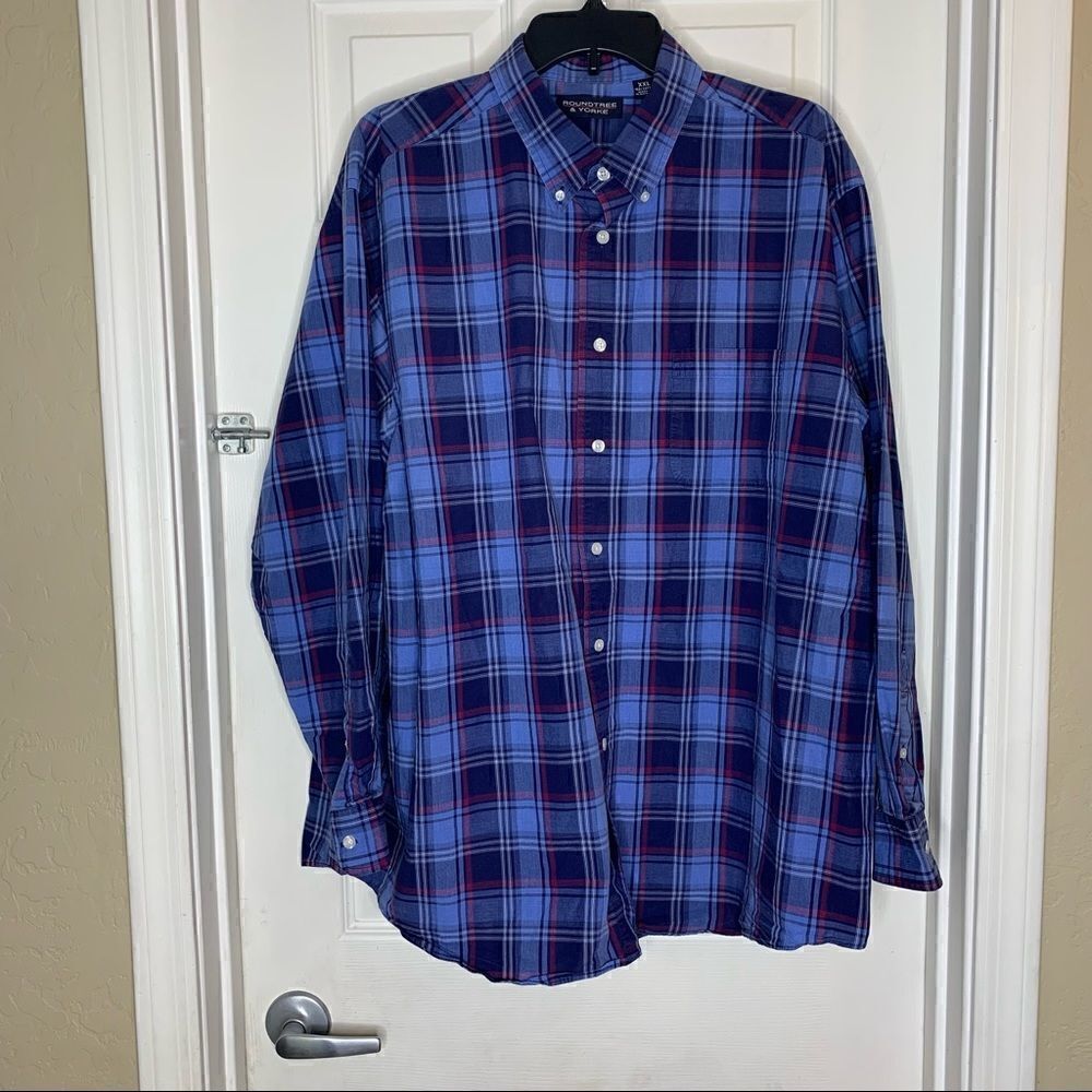 Roundtree & Yorke Blue and Red Plaid Button Down Shirt Size XXL